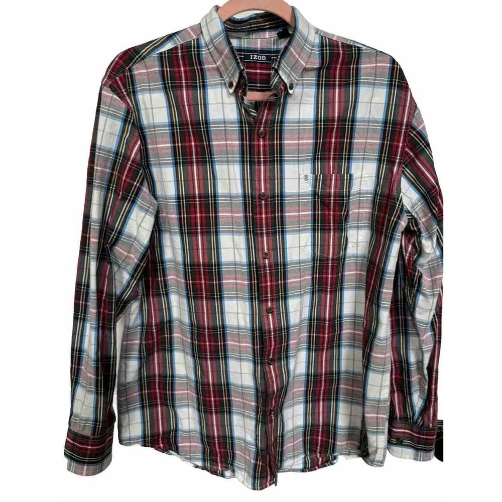 Izod Dress Shirt Mens M L Red‎ White Striped Long Sleeve Pocket Logo Collar Work